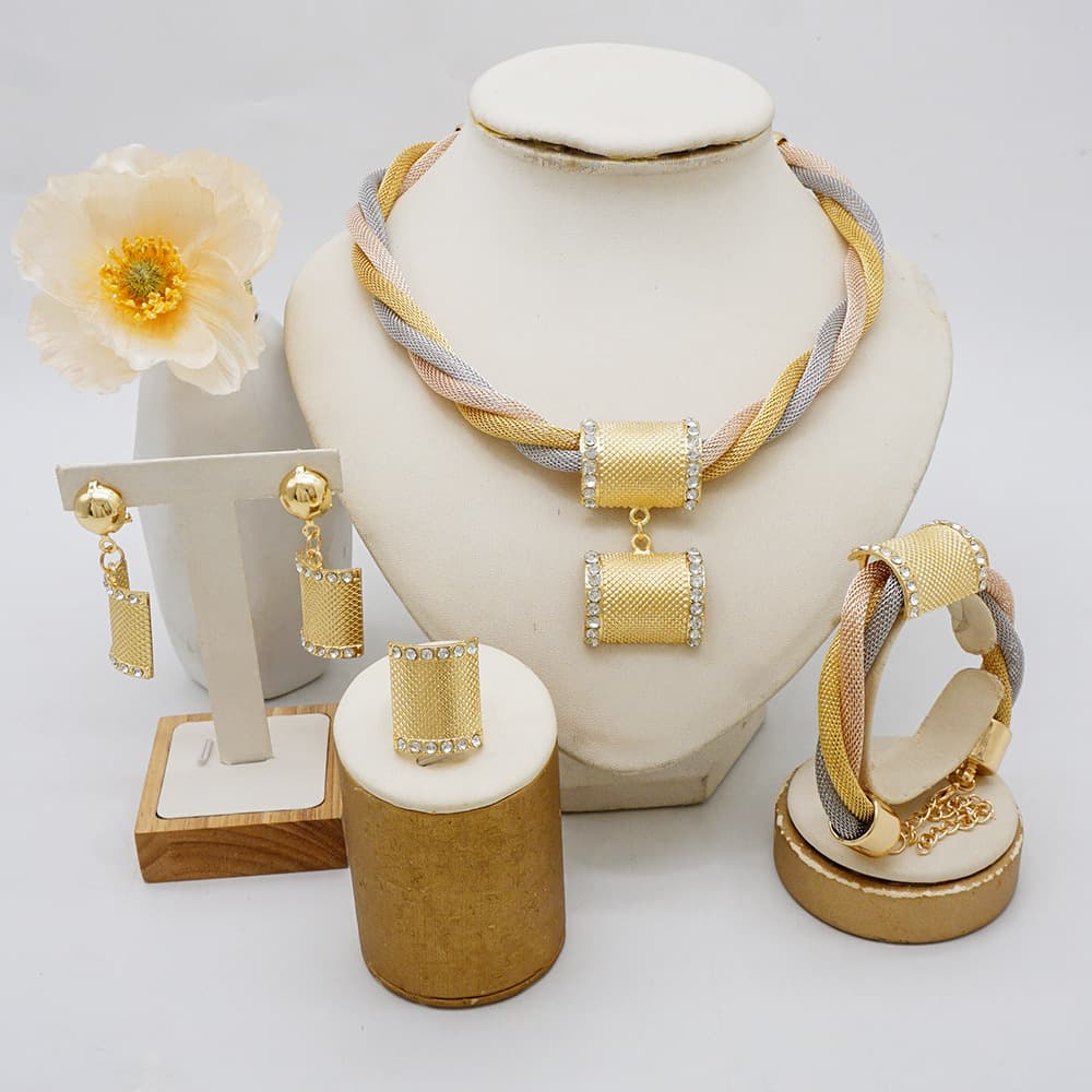 Three-color gold-plated necklace large set African jewelry earrings ring bracelet set gold jewelry set 5