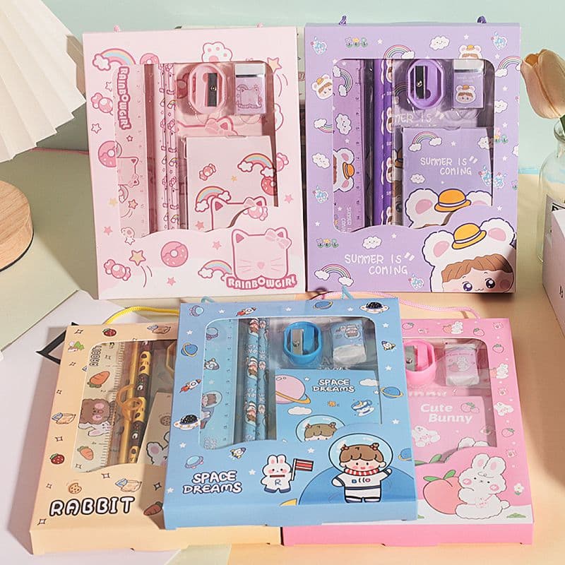 Cartoon handheld set for students, stationery for kindergarten, backpack, gift box for pencils, 6 pieces 2