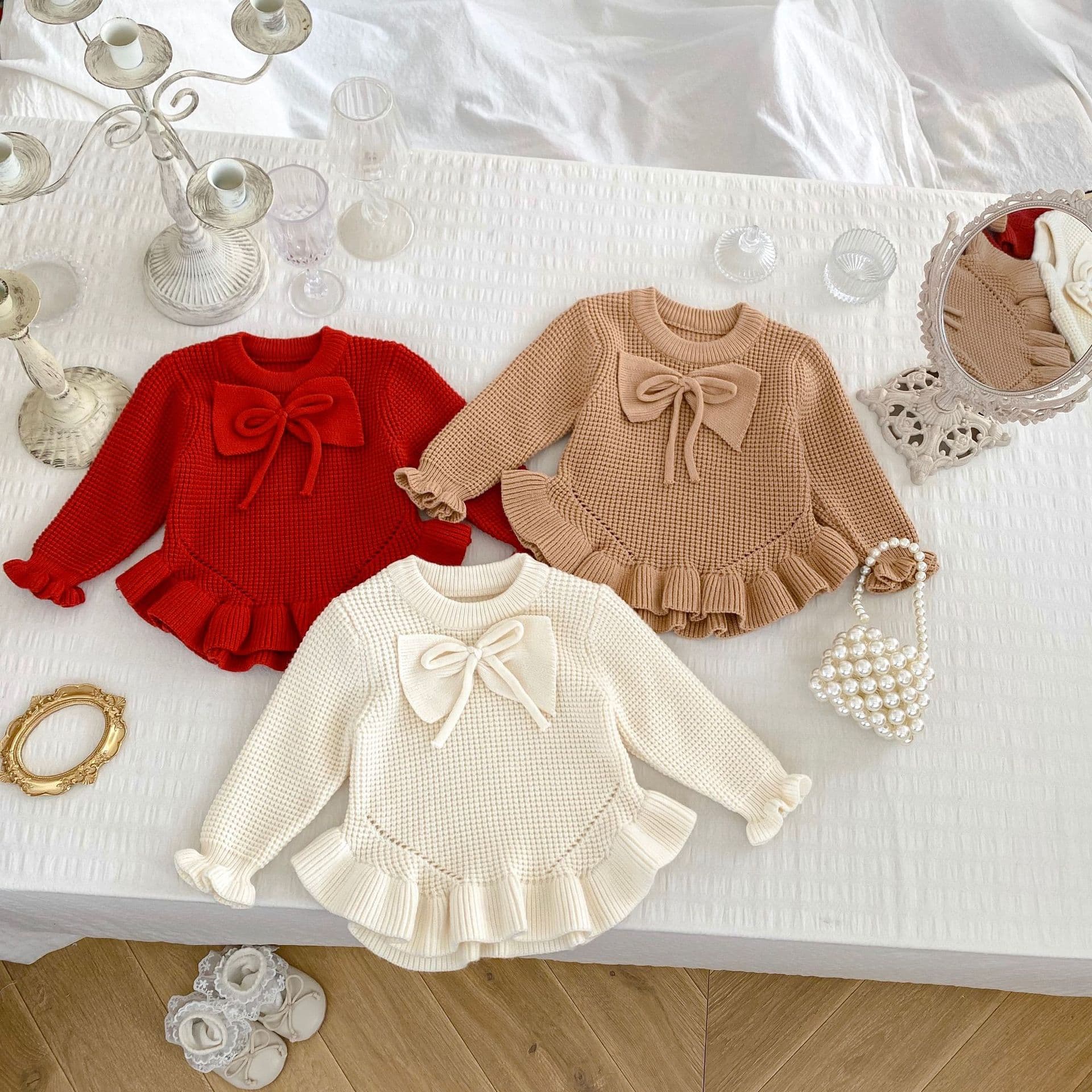 Brand autumn sweater with a round collar with bow, knitted long-sleeve girl's, western style