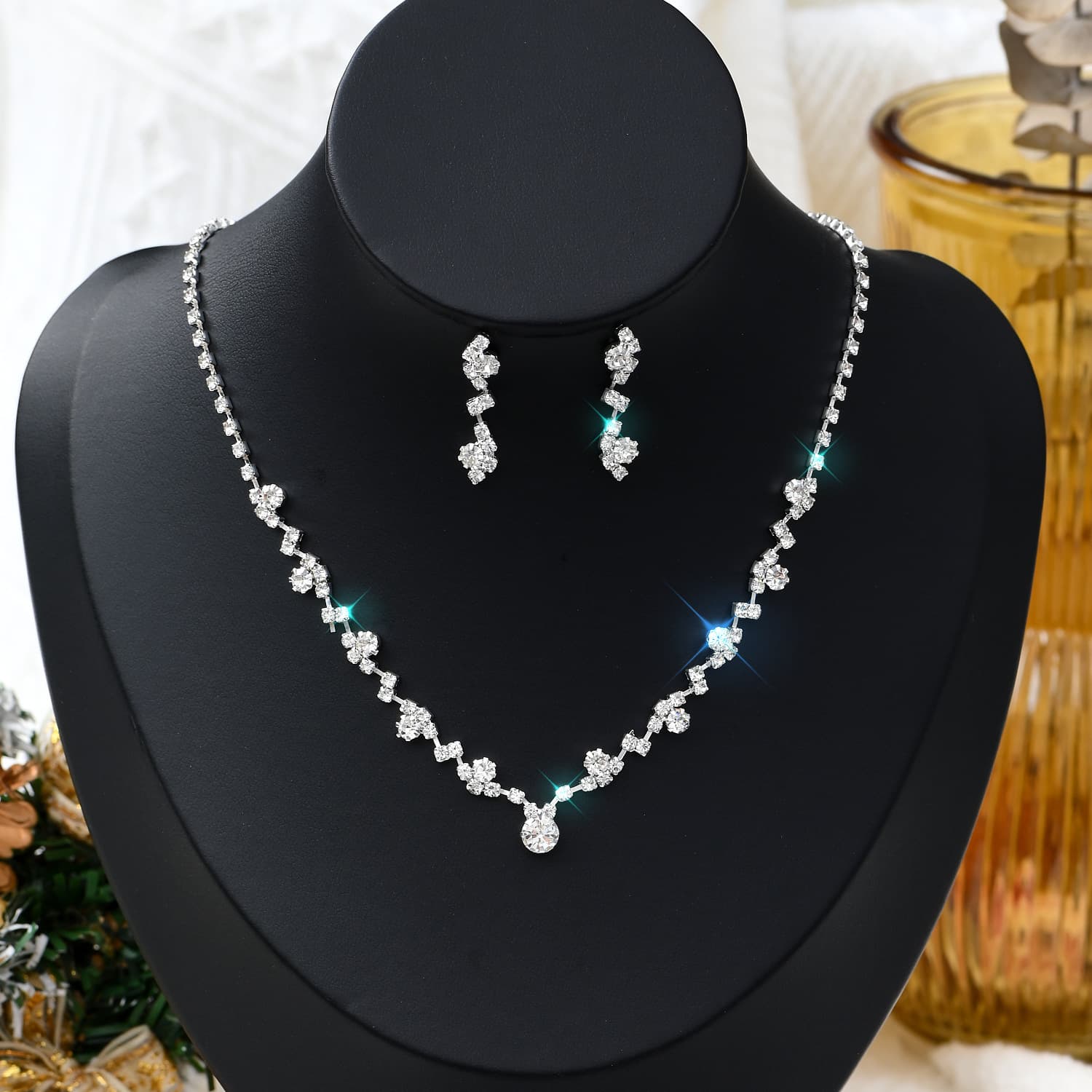 (Wholesale), necklace and earrings for bride, fashionable accessory, chain, dress, set, diamond encrusted 2