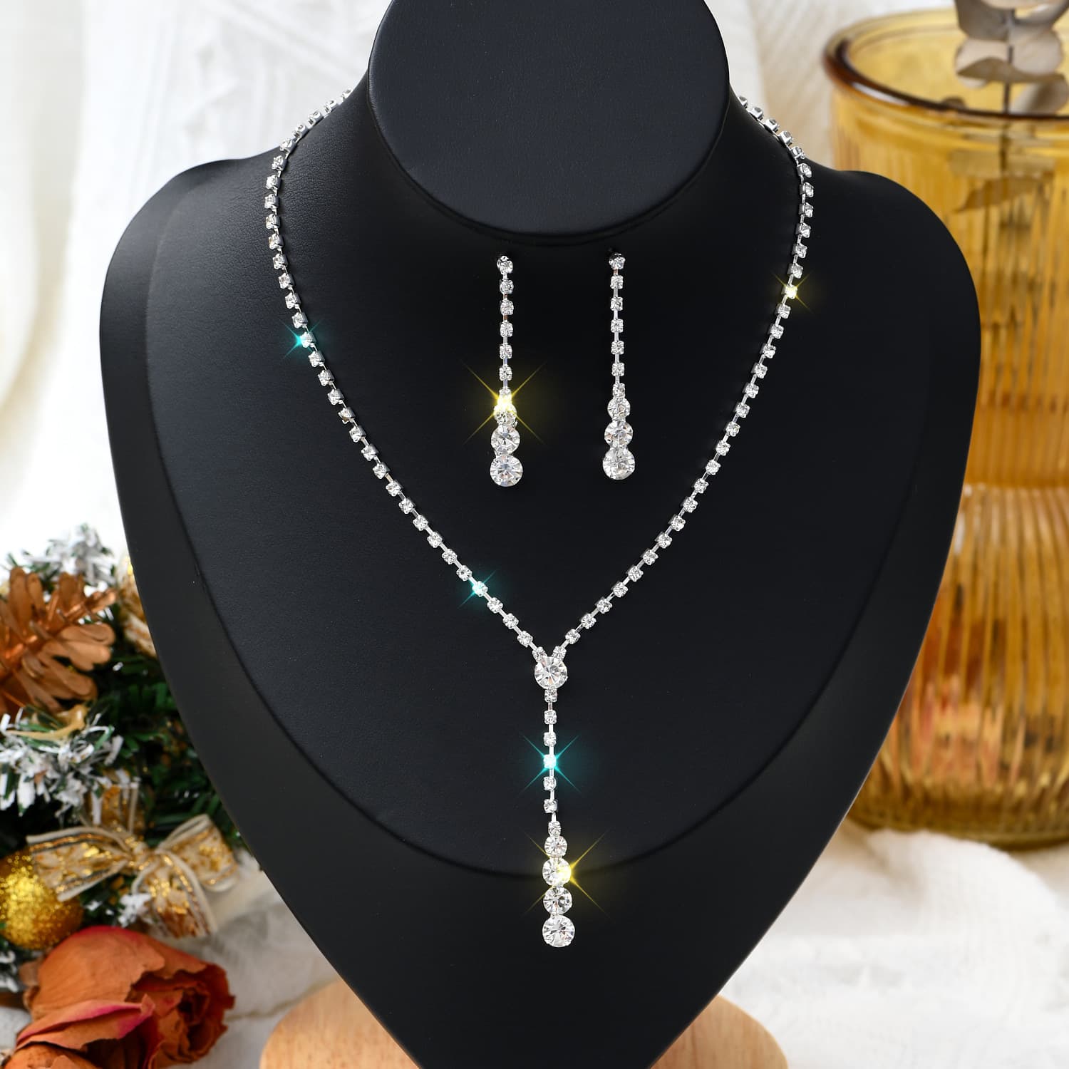 (Wholesale), necklace and earrings for bride, fashionable accessory, chain, dress, set, diamond encrusted 3