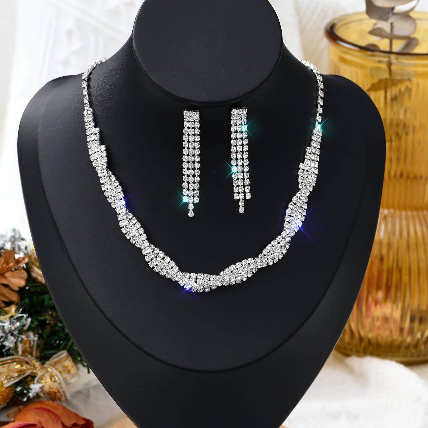 (Wholesale), necklace and earrings for bride, fashionable accessory, chain, dress, set, diamond encrusted 4