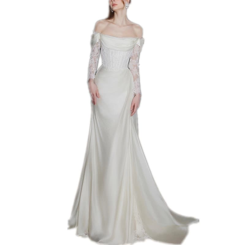 Lace white wedding dress for bride, open shoulders, fitted 5
