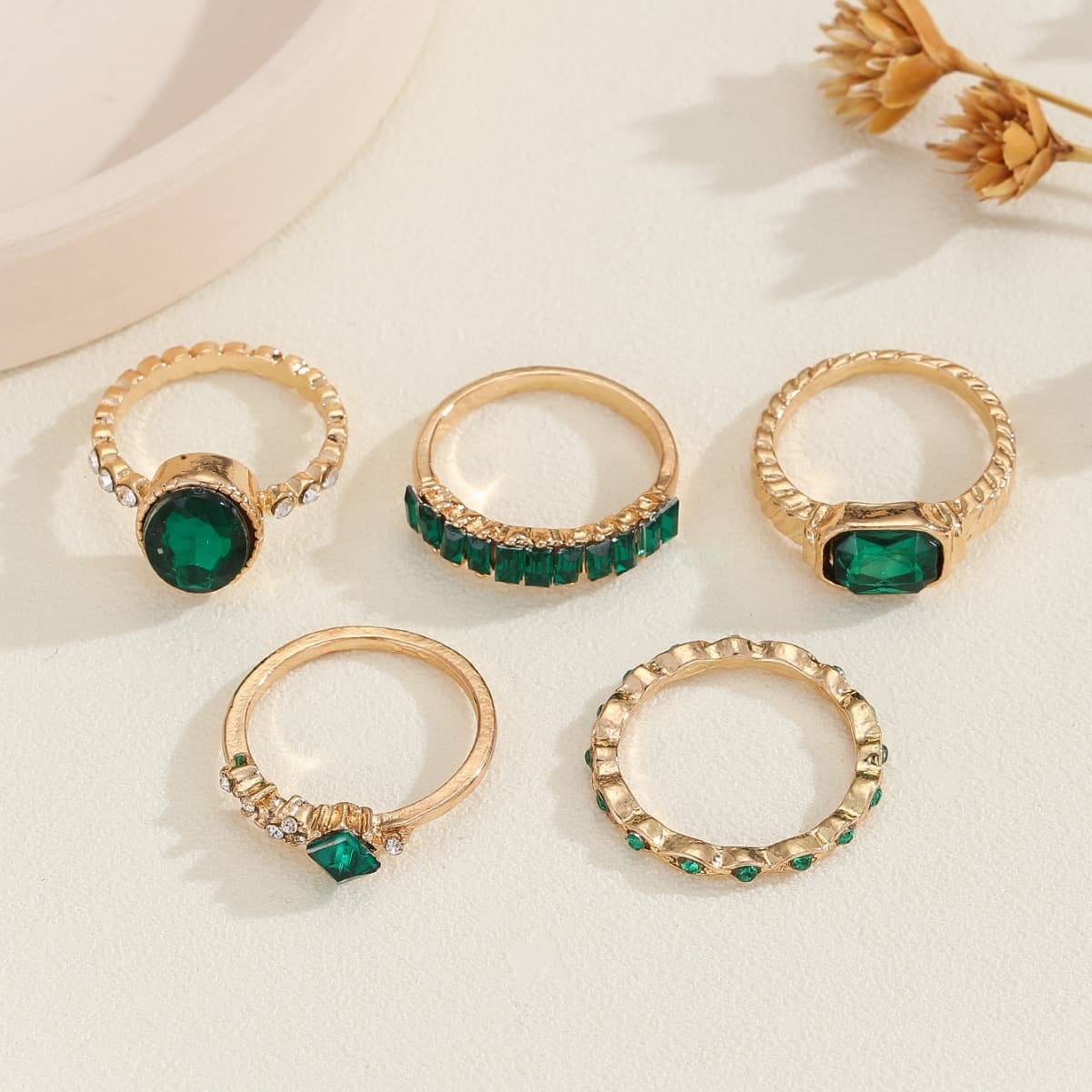 (Cross-border trading), retro fashionable green ring, set, 5 pieces, European style 3