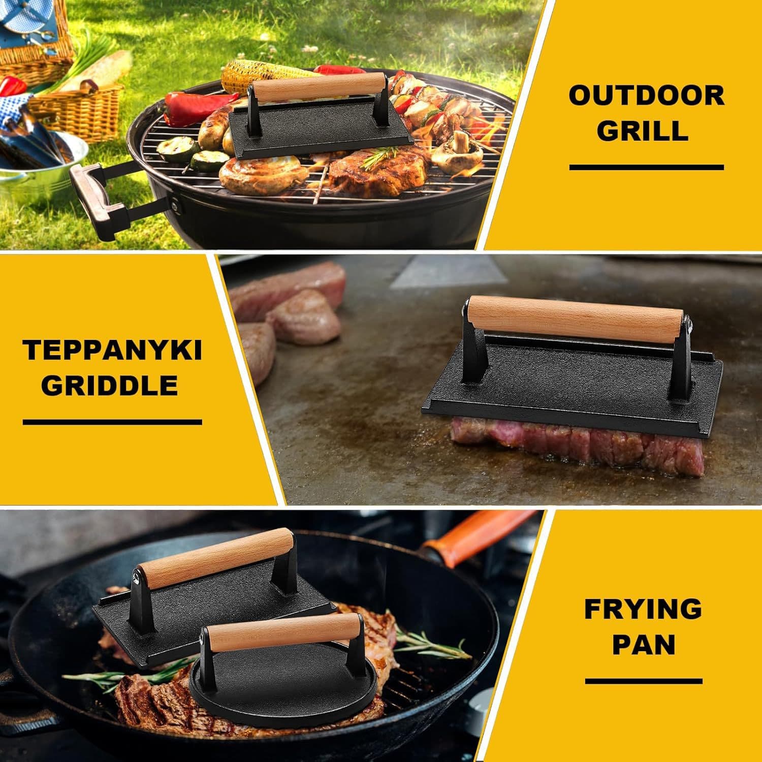 3 pieces of crushing the burger crusher kit, the burger pressure is suitable for baking trays, cast iron barbecue press with wooden handle 3