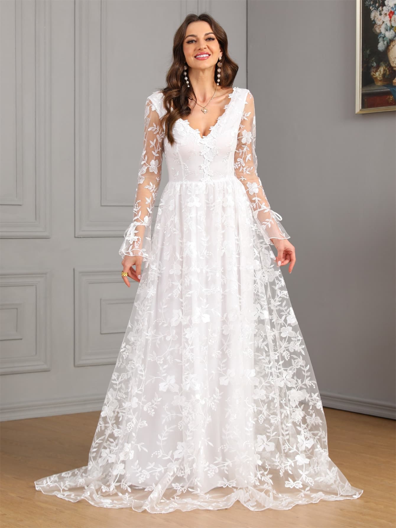 (Cross-border trading), autumn demi-season long-sleeve, lace wedding dress, European style, city style, V-neckline 2