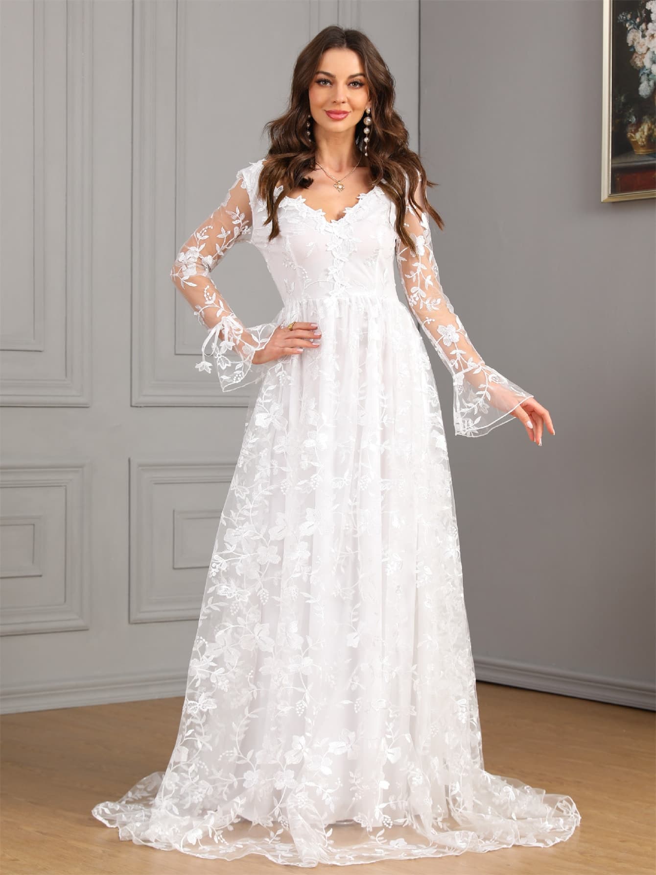 (Cross-border trading), autumn demi-season long-sleeve, lace wedding dress, European style, city style, V-neckline 3