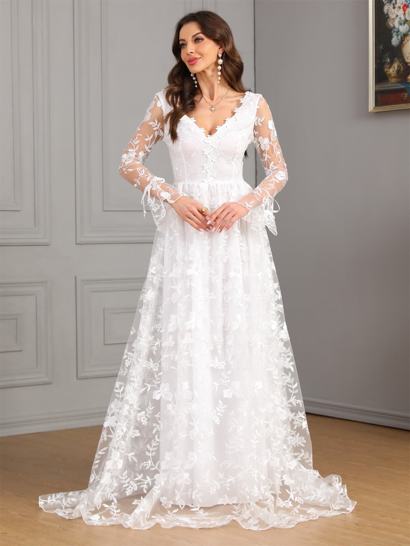 (Cross-border trading), autumn demi-season long-sleeve, lace wedding dress, European style, city style, V-neckline