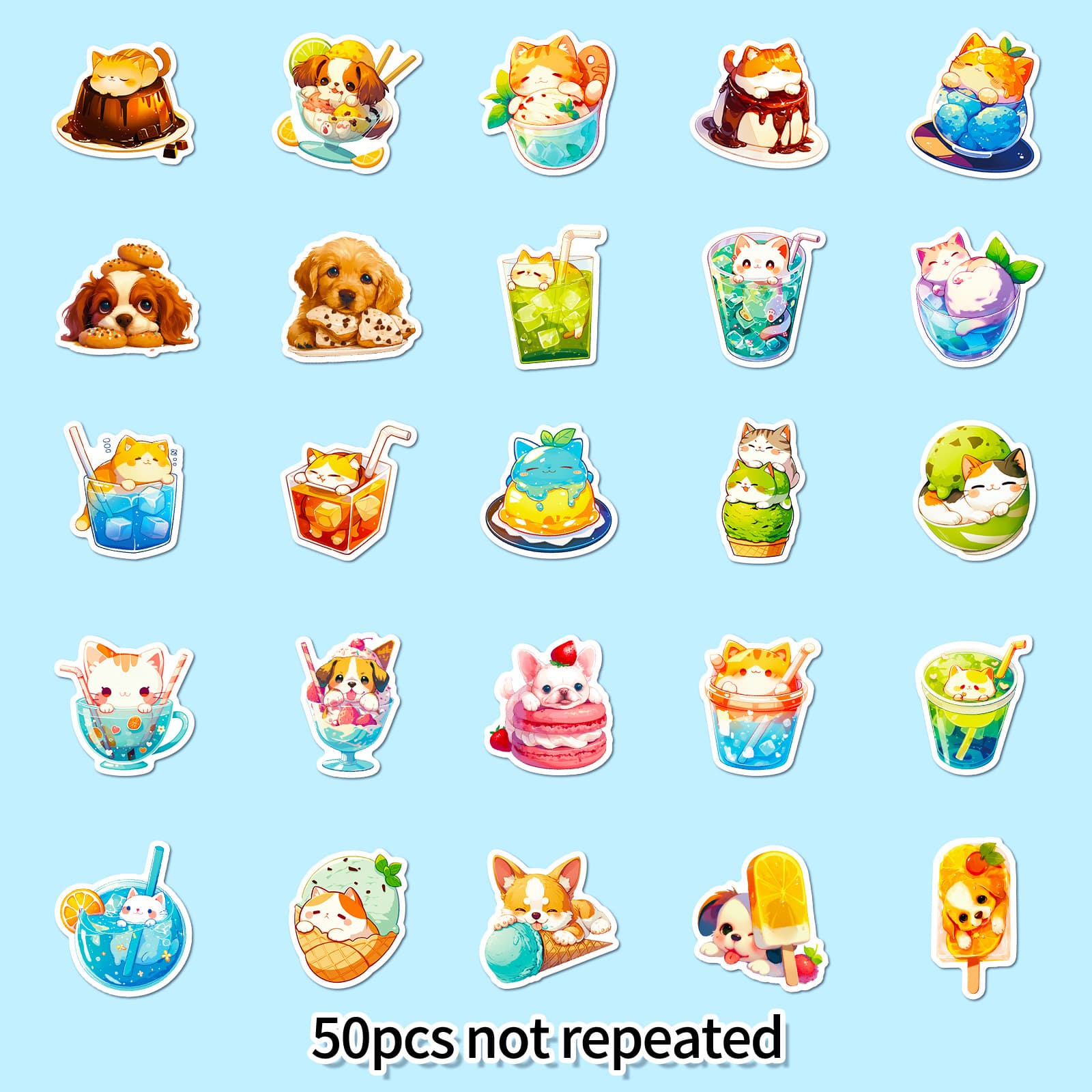 50 creative cute food cat and dog graffiti stickers pudding cats ice cream puppies non-repeating fun stickers 3