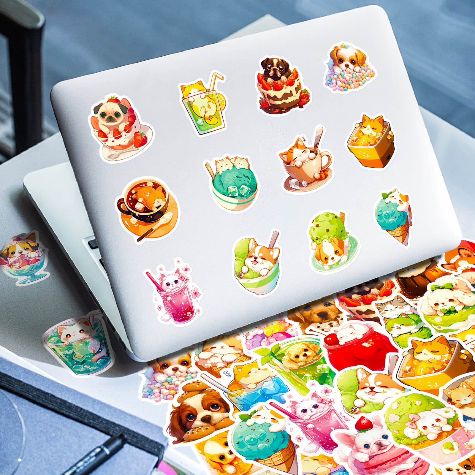 50 creative cute food cat and dog graffiti stickers pudding cats ice cream puppies non-repeating fun stickers 4
