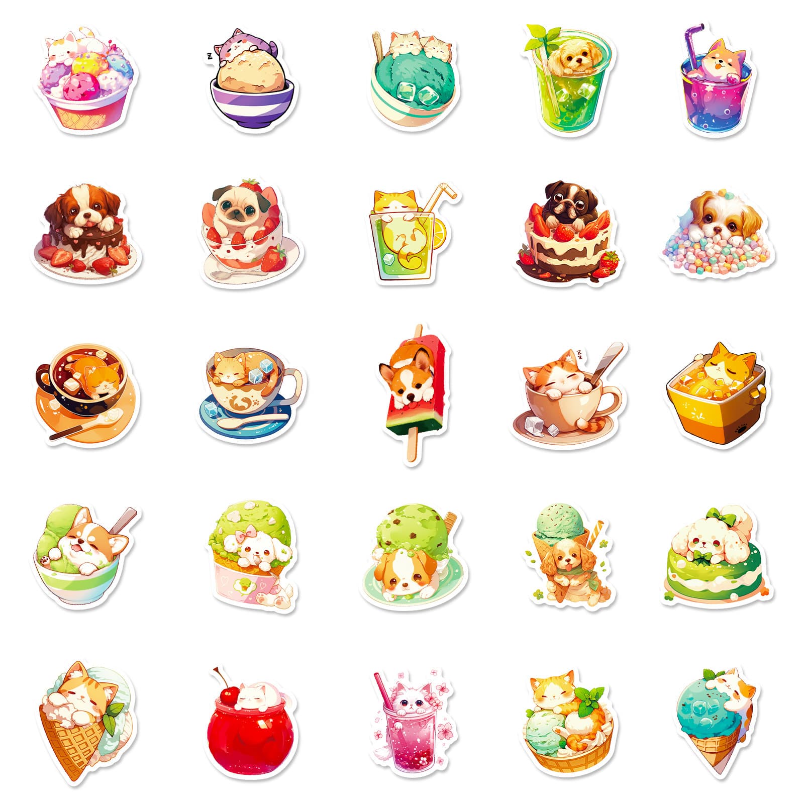 50 creative cute food cat and dog graffiti stickers pudding cats ice cream puppies non-repeating fun stickers 5