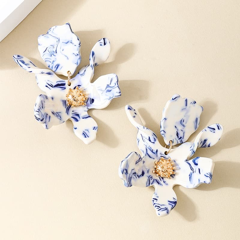 Fashionable women's acrylic blue and white earrings floral, accessory, 1 pair, flowered, Chinese style 5
