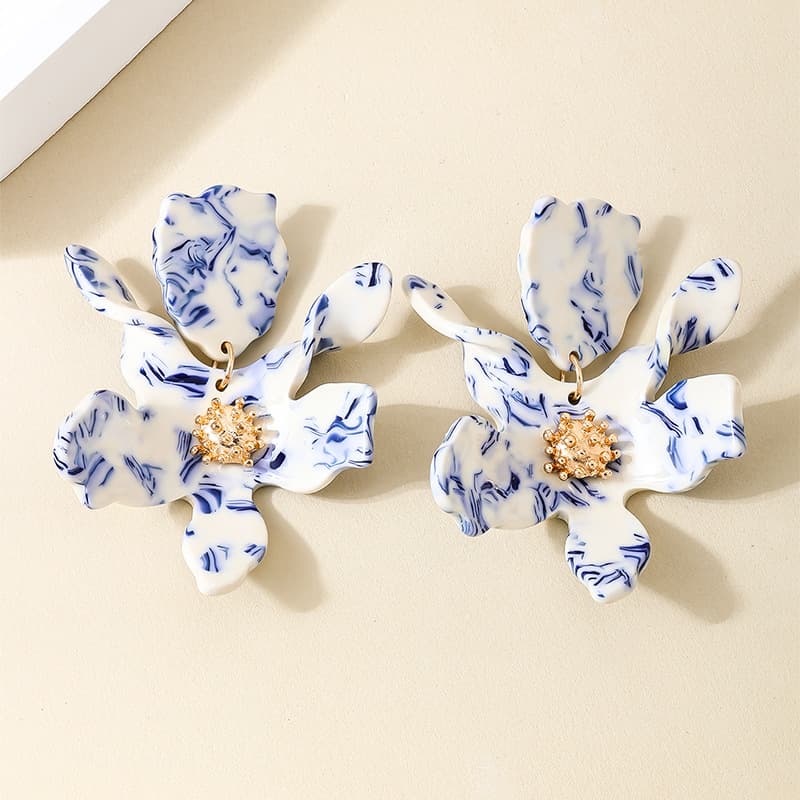 Fashionable women's acrylic blue and white earrings floral, accessory, 1 pair, flowered, Chinese style 1