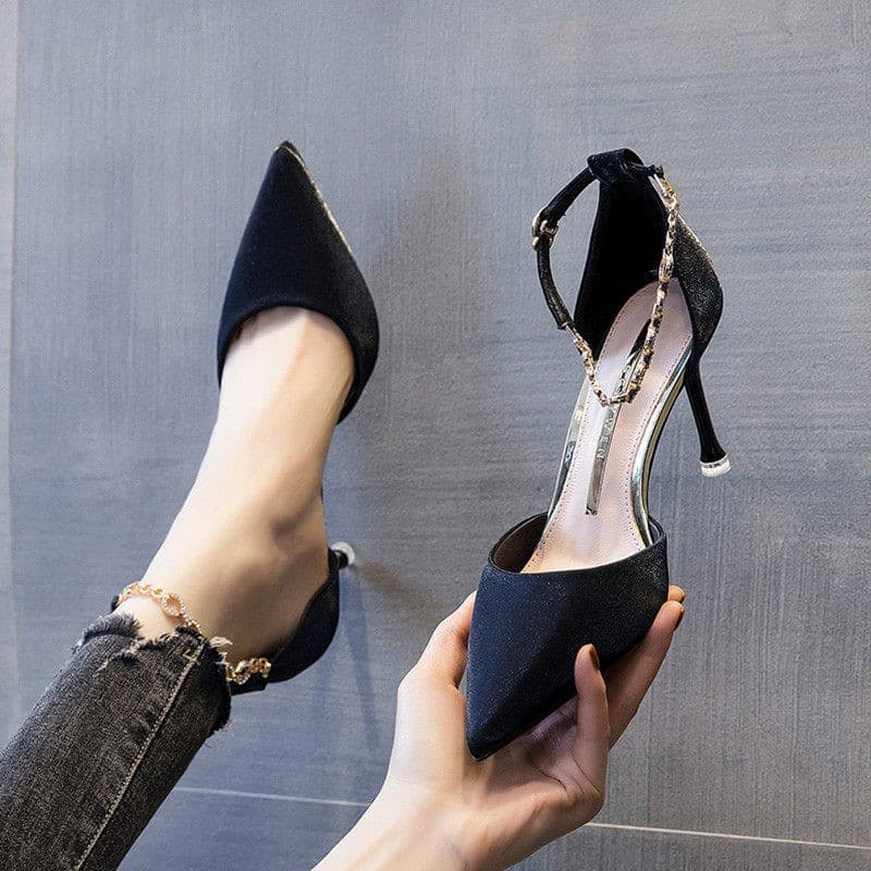 High heels, autumn elegant stiletto heels with pointed closed toe low-cut, trend of season, bright catchy style, adjustable strap