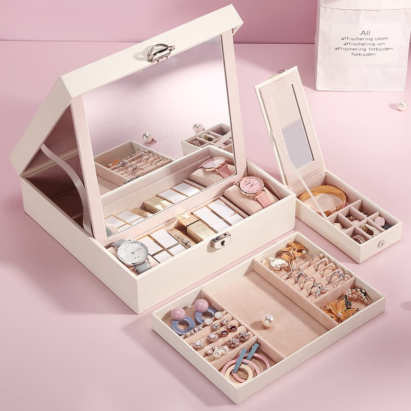 Capacious jewelry, polyurethane storage box, mirror, watch box, with embroidery, simple and elegant design 1