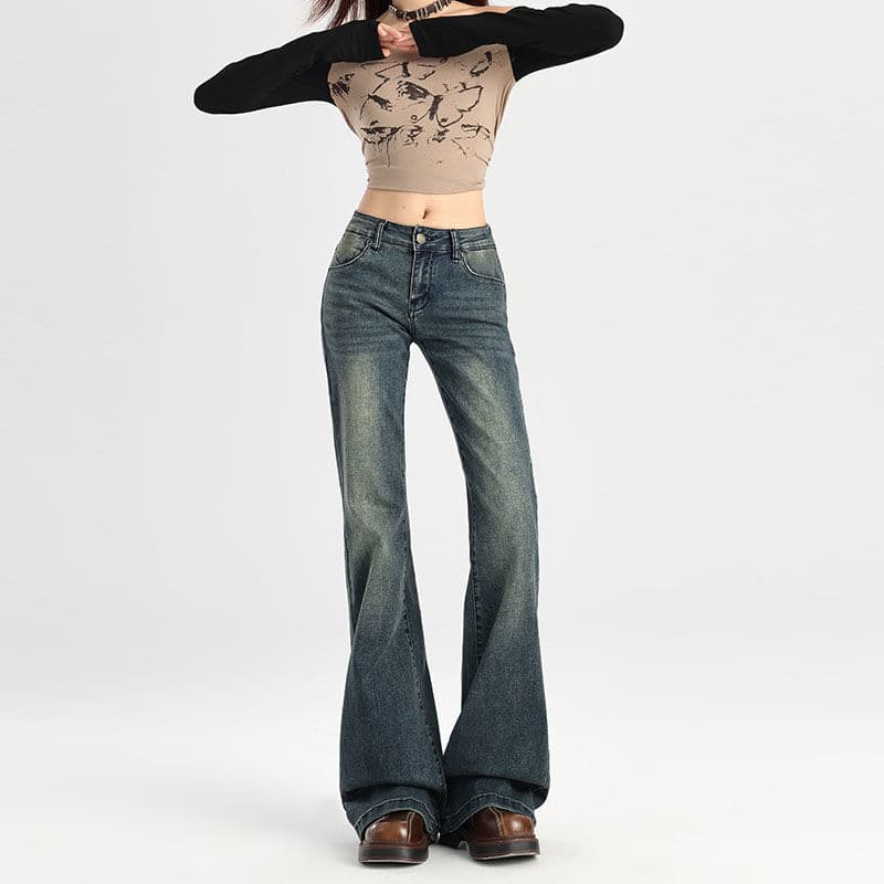 Retro autumn jeans, elastic flared trousers, loose fit, high waist, American style 3