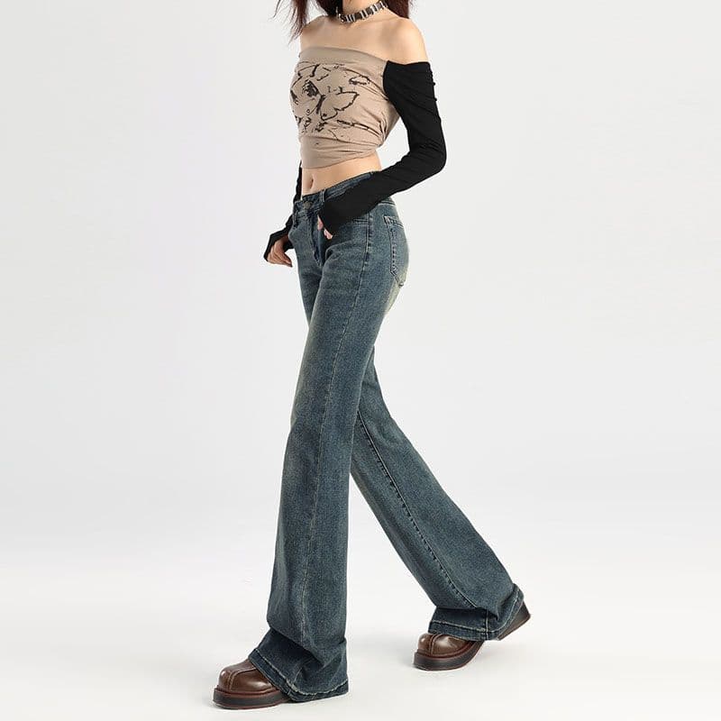 Retro autumn jeans, elastic flared trousers, loose fit, high waist, American style 4