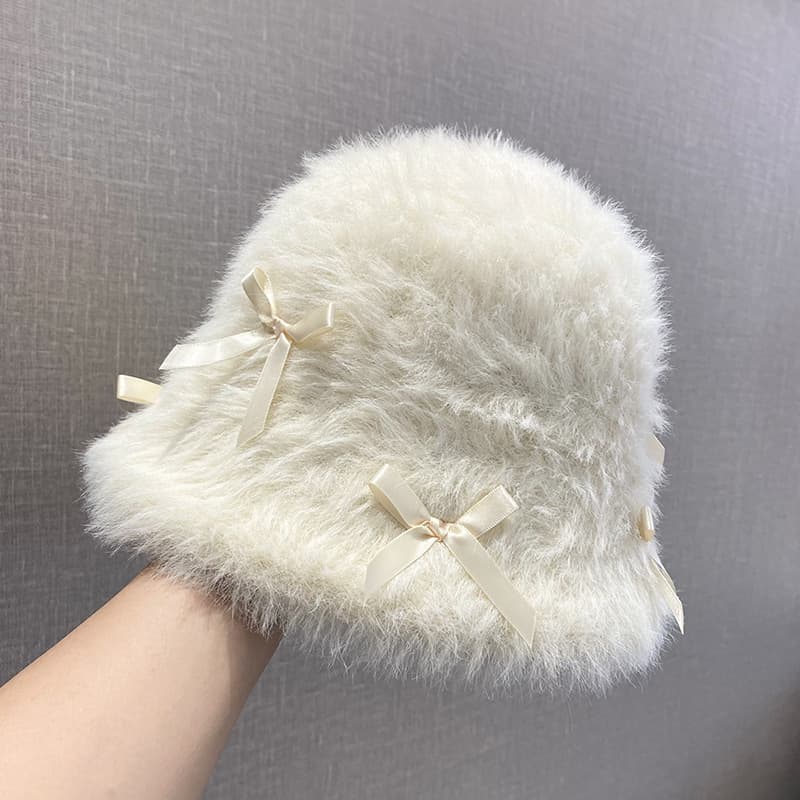 Velvet demi-season foldable fashionable hat with bow, Korean style