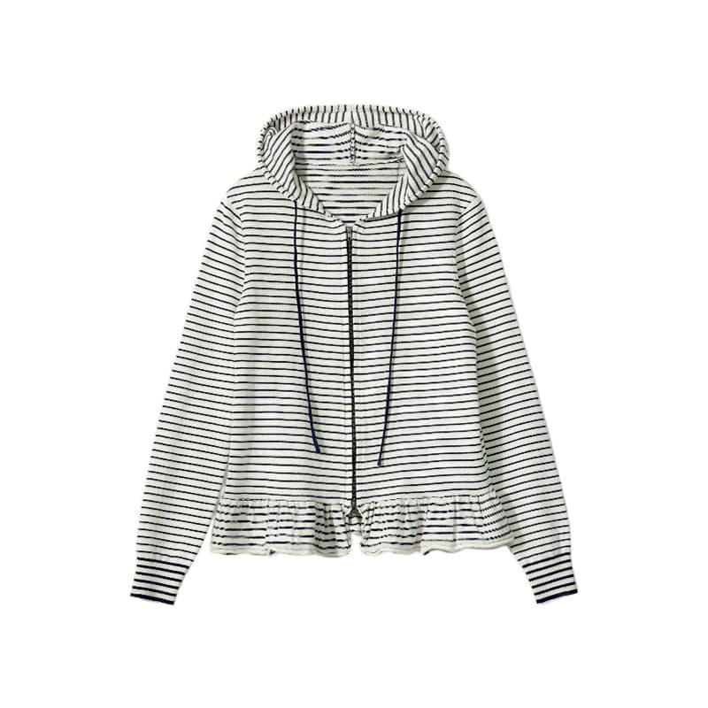 "White Sketch Workshop" "Oprina" Autumn New Product Striped Sweatshirt Hooded Zipper Ruffled Knit Cardigan 5