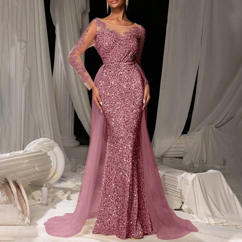 (Cross-border trading), fashionable elegant long skirt, long lace evening dress, 2025 years, European style, graduation party, bright catchy style 4