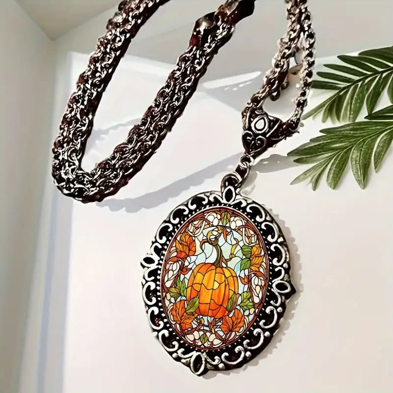 Elegant glass pendant, necklace, retro jewelry, print, halloween 4