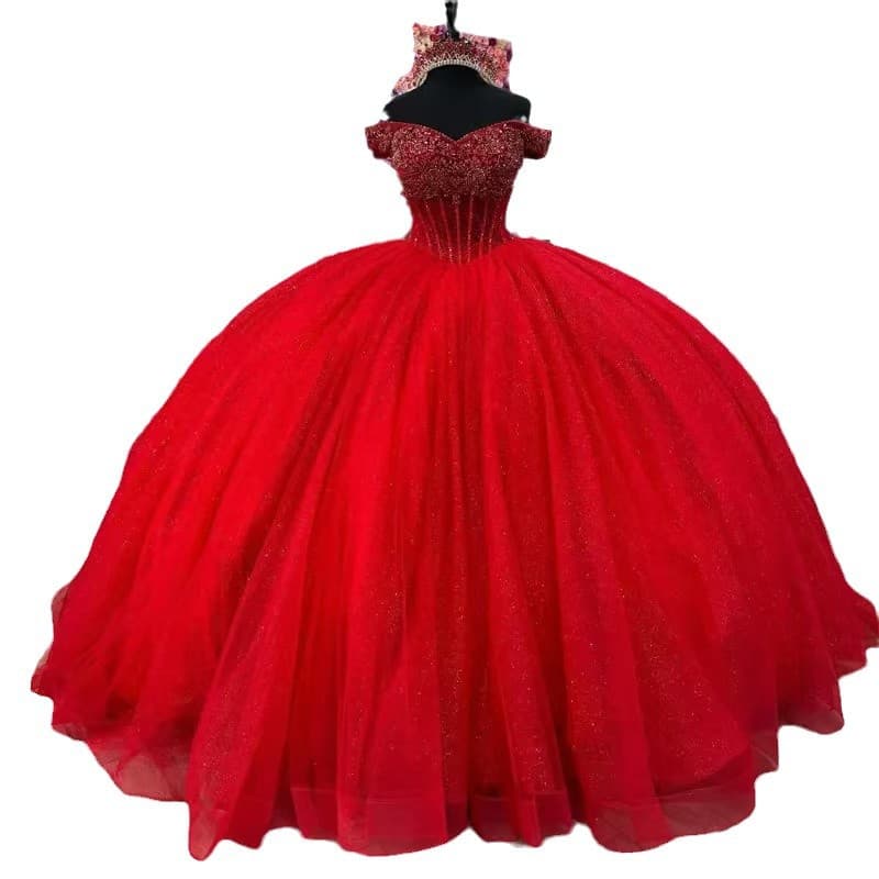 Red small princess costume, wedding dress, evening dress, European style, french style, open shoulders, tutu skirt, graduation party 2