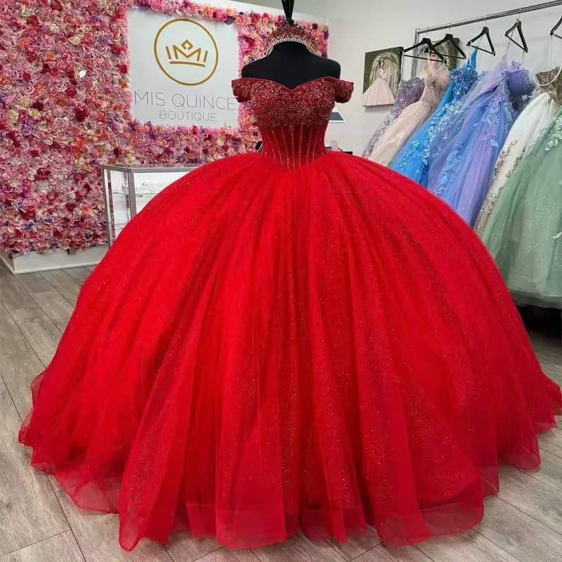 Red small princess costume, wedding dress, evening dress, European style, french style, open shoulders, tutu skirt, graduation party 1