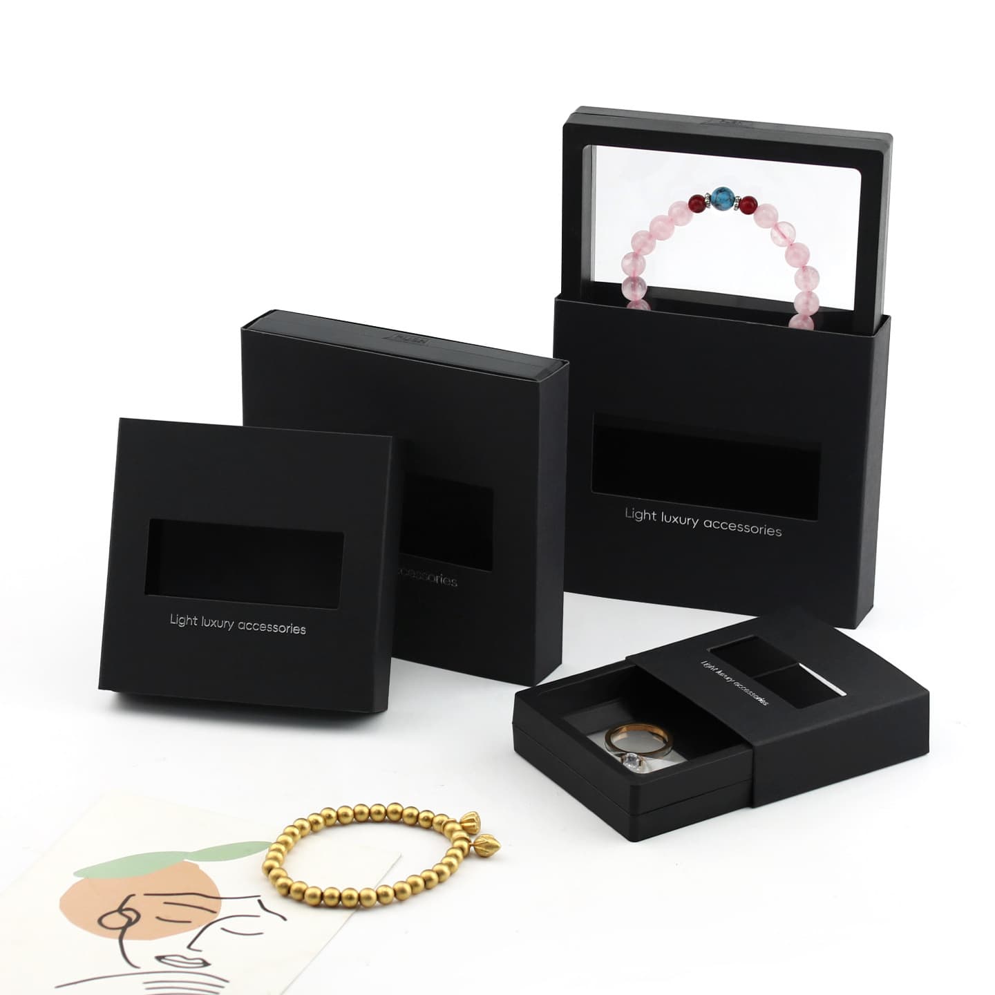 Ring, earrings, necklace, transparent nail stickers, jewelry, box, pack 2