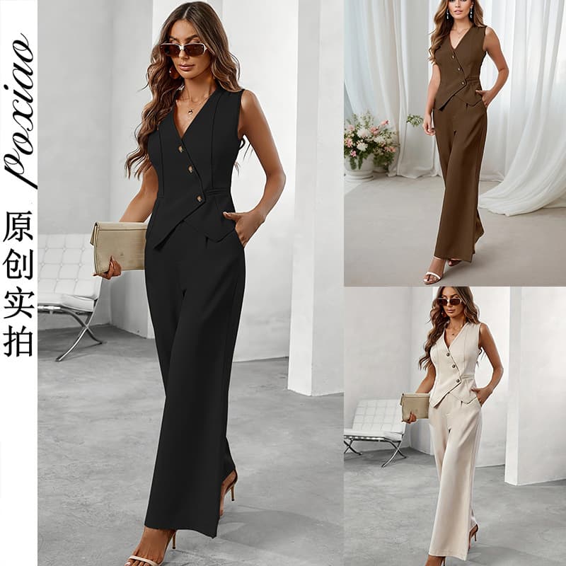 (Cross-border trading), trousers sleevless, suit, set, European style, V-neckline, high waist 1