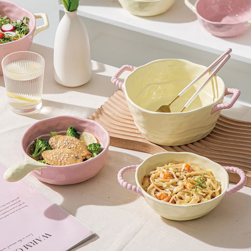 Two -ear soup bowl ceramic handle bowl baking bowl baking bowl salad fruit bowl INS soup bowl air fried pot special 3