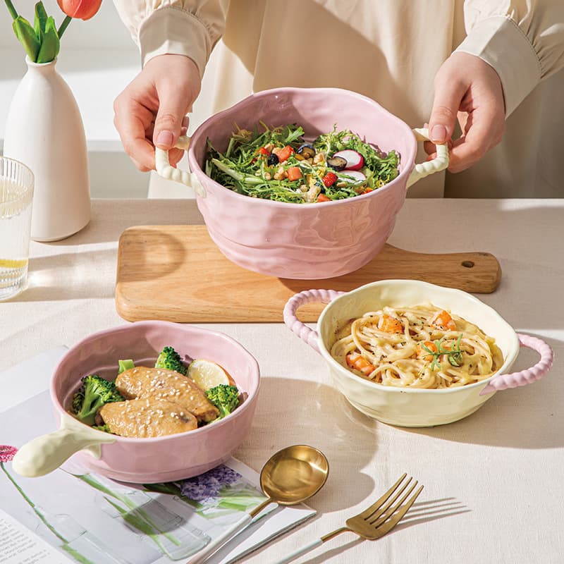 Two -ear soup bowl ceramic handle bowl baking bowl baking bowl salad fruit bowl INS soup bowl air fried pot special 4
