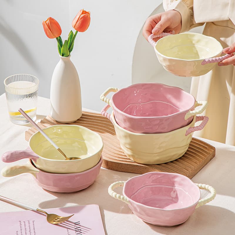 Two -ear soup bowl ceramic handle bowl baking bowl baking bowl salad fruit bowl INS soup bowl air fried pot special 5