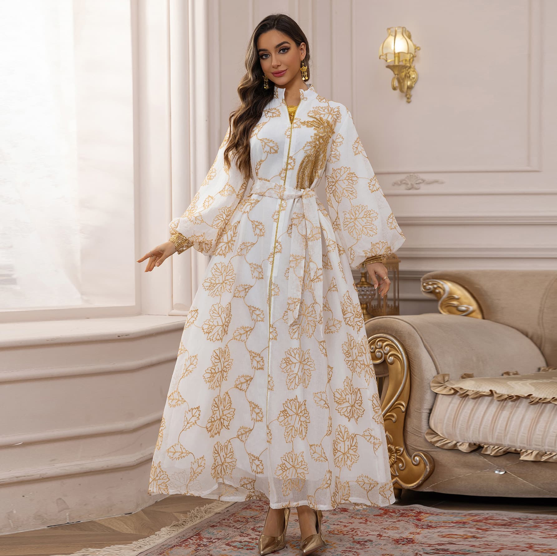 AB087 Cross-border jalabiya ethnic women's sequined floral evening dress with full swing dress 3