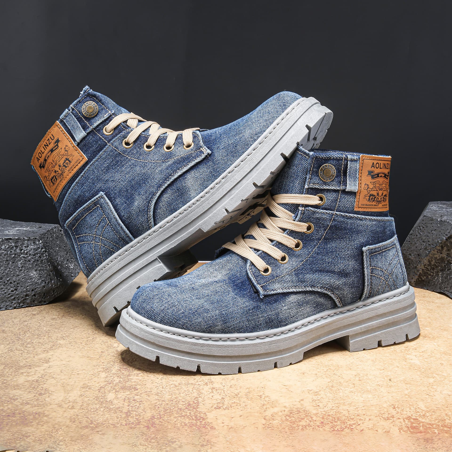 Cross-border American local warehouse delivery men's shoes new high-top sneakers denim casual versatile workwear Martin trendy shoes 3