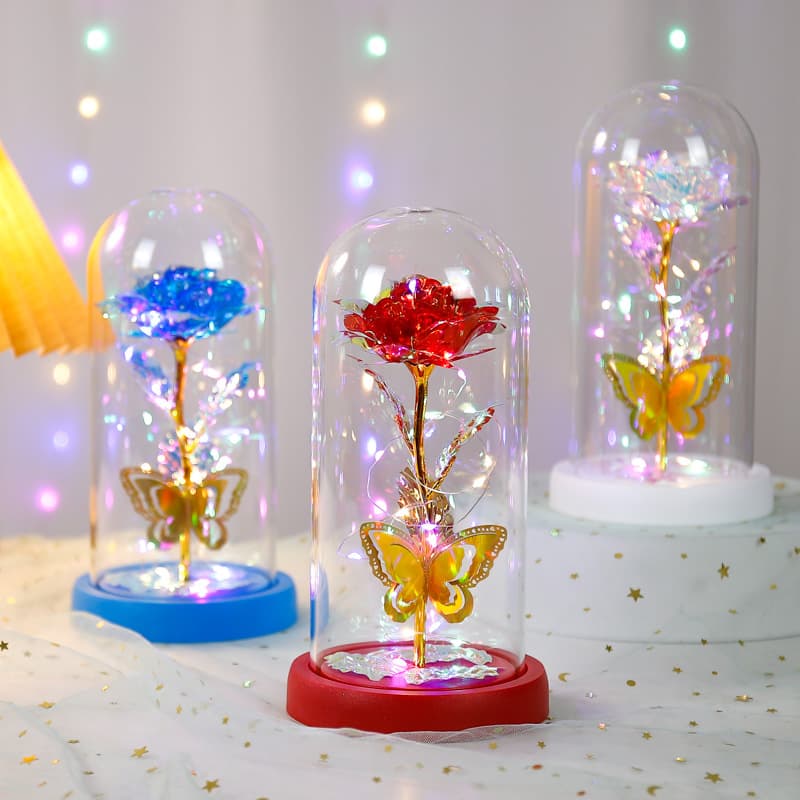 Cross-border Valentine's Day eternal flower glass cover roses with lights romantic bouquet New Year's creative birthday gift ornaments 2