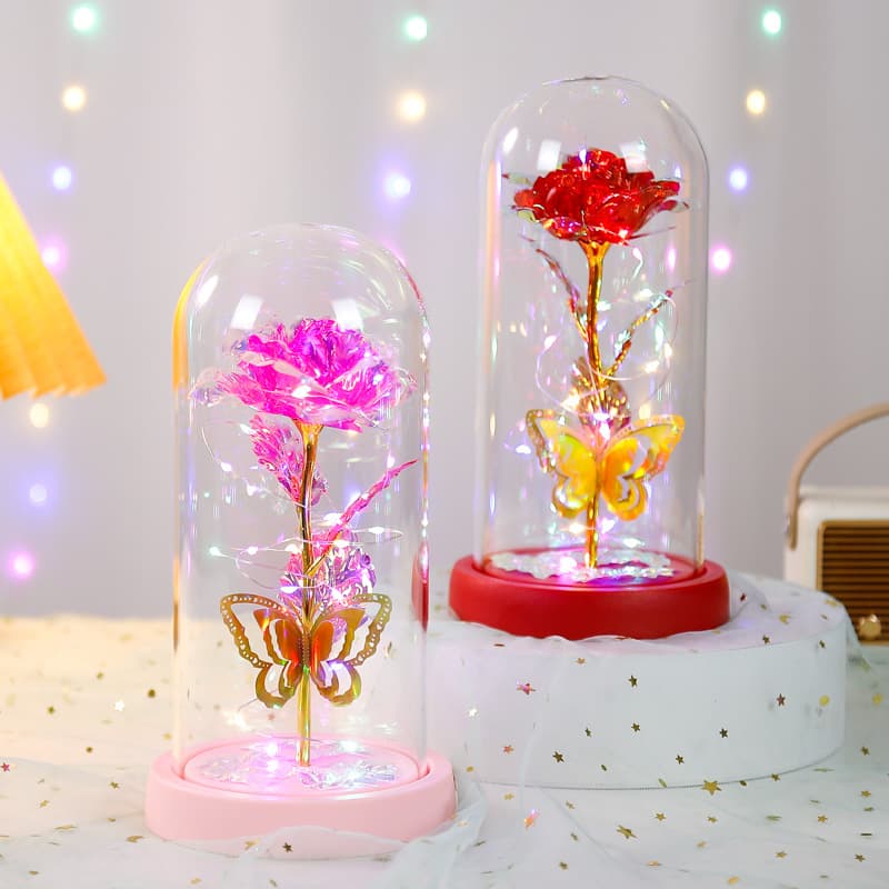 Cross-border Valentine's Day eternal flower glass cover roses with lights romantic bouquet New Year's creative birthday gift ornaments 3