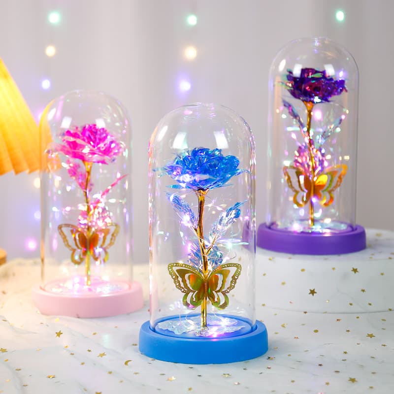 Cross-border Valentine's Day eternal flower glass cover roses with lights romantic bouquet New Year's creative birthday gift ornaments 1