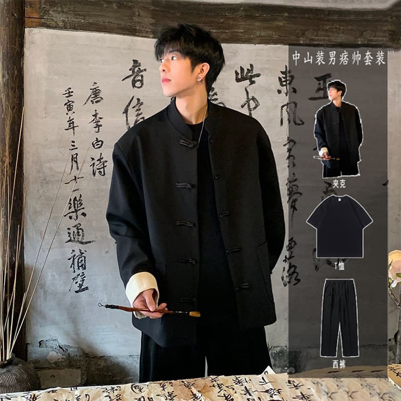 Men's classic suit jacket, shoulder pads, set, Chinese style, men's style 1