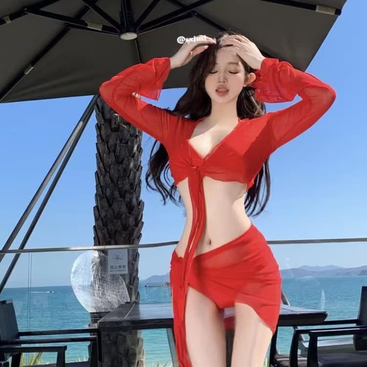 Red sexy swimwear, set, long-sleeve, 4 piece set 2