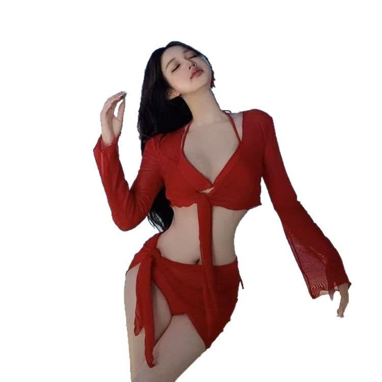 Red sexy swimwear, set, long-sleeve, 4 piece set 5