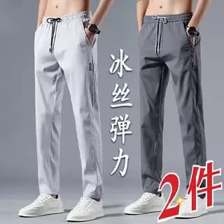 Thin silk men's casual trousers, on elastic band, loose straight fit, oversize 3