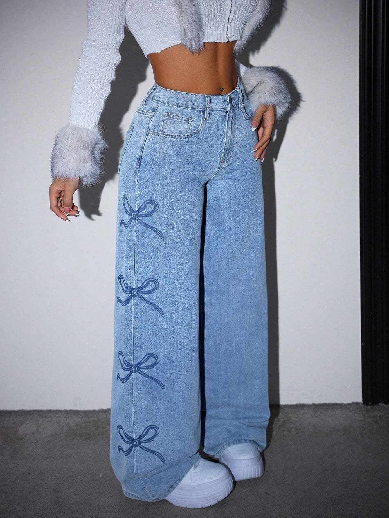 Denim jeans with bow, American style, high waist 3