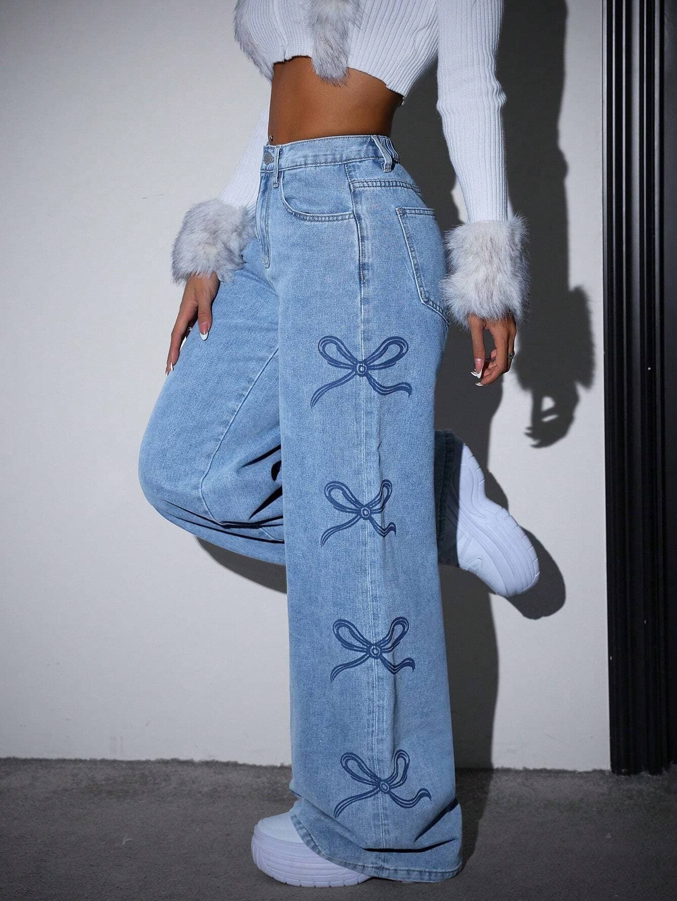 Denim jeans with bow, American style, high waist 5