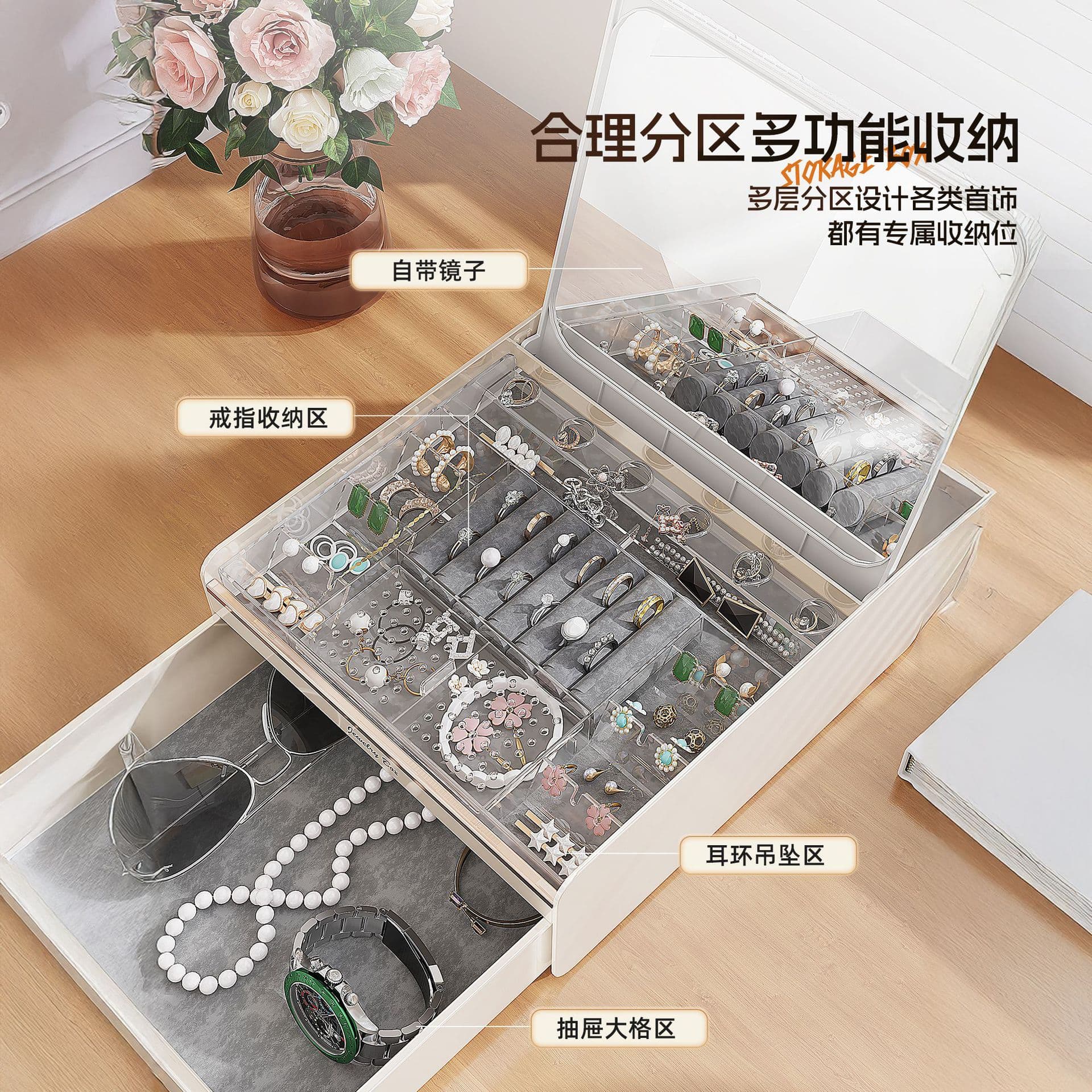 Automatic storage system, earrings, accessory, jewelry, storage box, ring, capacious necklace, mirror 2