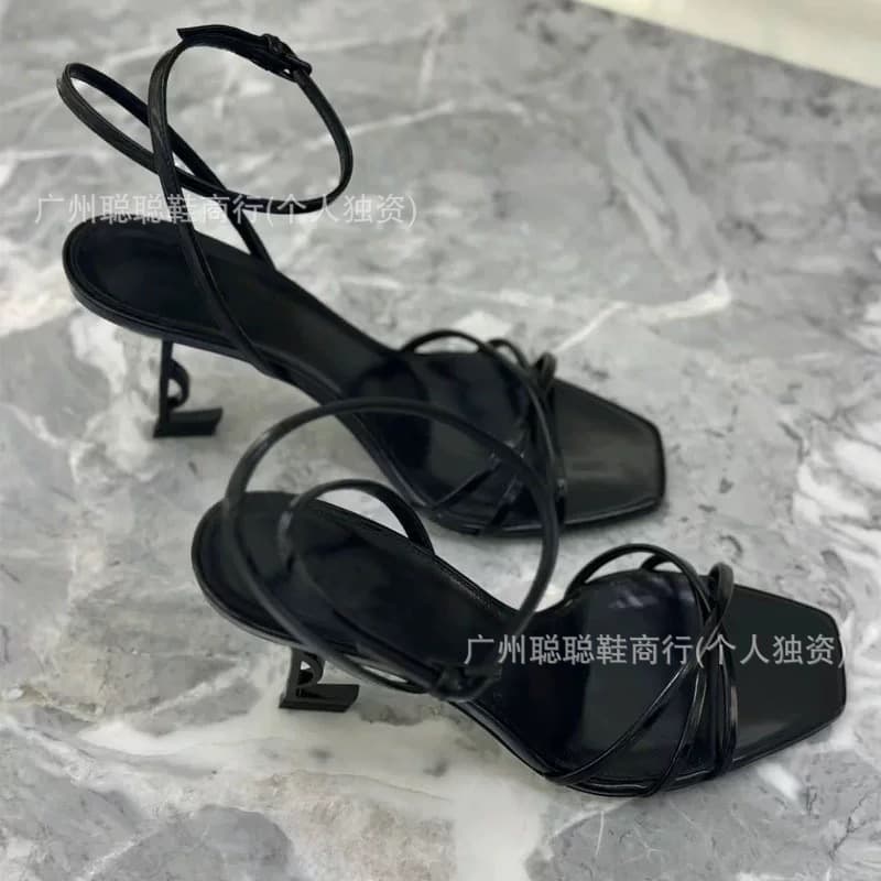 High Version YS European and American Sexy High Heels 2025 New Gold Letter High Heels Straight Leather Sandals for Women 3