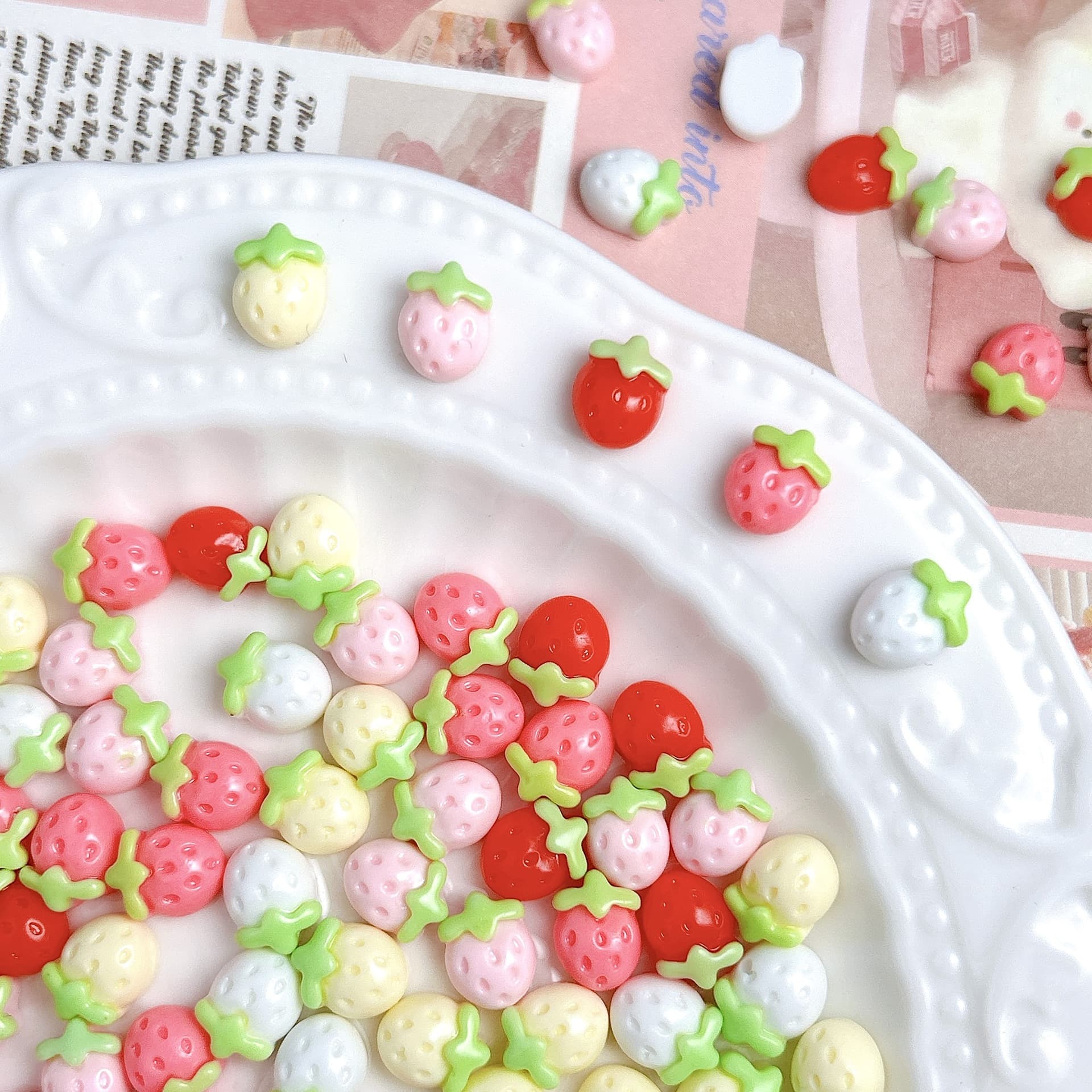 Small cream strawberry with accessories, hairgrip handmade, hair rope, fridge magnet, phone case 2