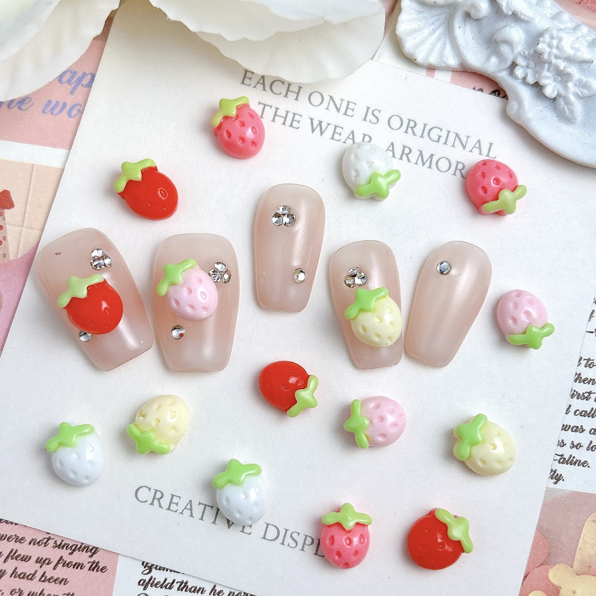 Small cream strawberry with accessories, hairgrip handmade, hair rope, fridge magnet, phone case 5