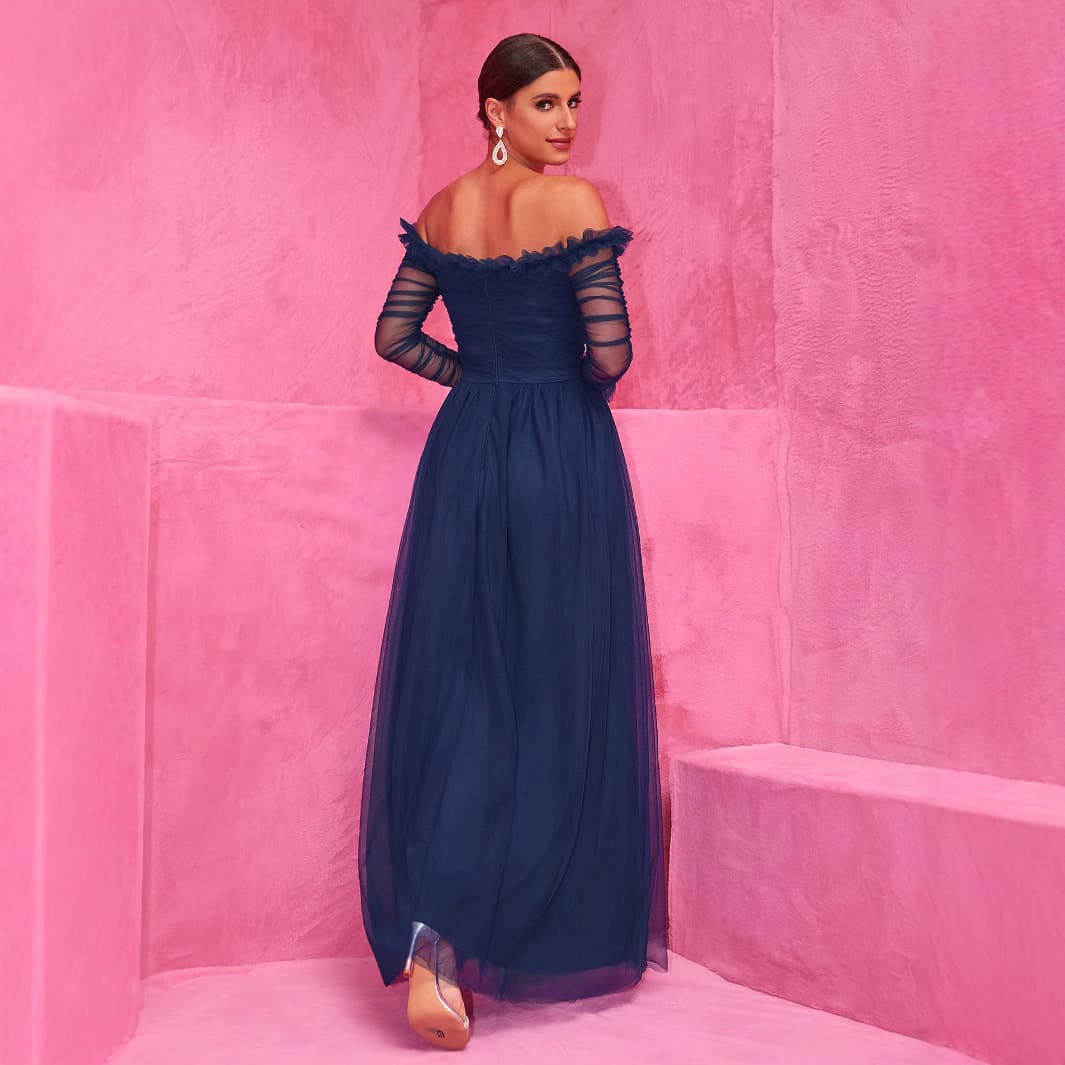 Evening dress, lace shiffon long skirt, Amazon, European style, open shoulders 4