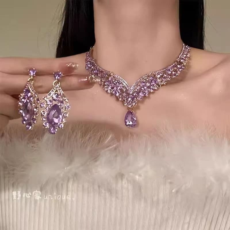 (Cross-border trading), red earrings drop-shaped, necklace, chain, set, accessory for bride, light luxury style, high-quality style 3