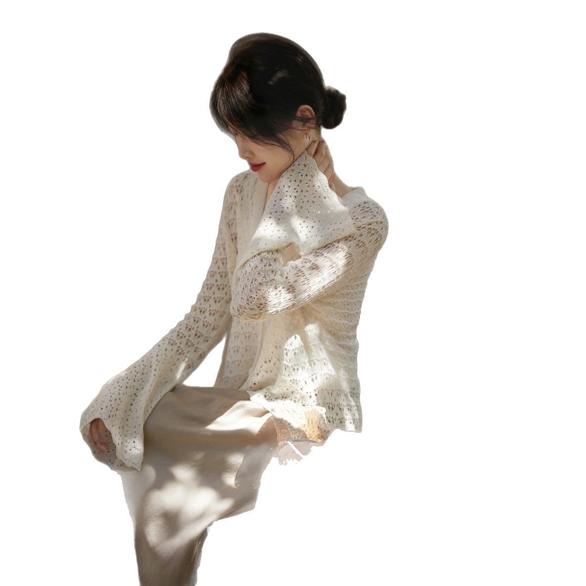 Knitted sweater, long-sleeve, sun protection clothing for leisure, french style, V-neckline 5